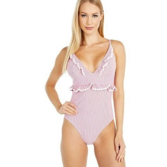 J.Crew Pink & White Seersucker Juliette Tank W/Ruffle Trim One Piece Swimsuit 14 - Picture 1 of 11